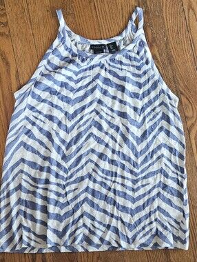Tahari Linen Navy & White Chevron Halter Tank Top Size Large
